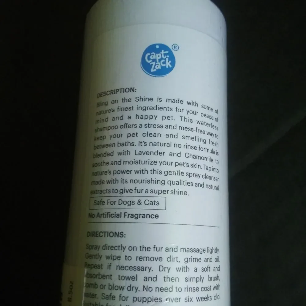 NEW Capt. Zack Waterless Pet Shampoo Spray Bling on the Shine